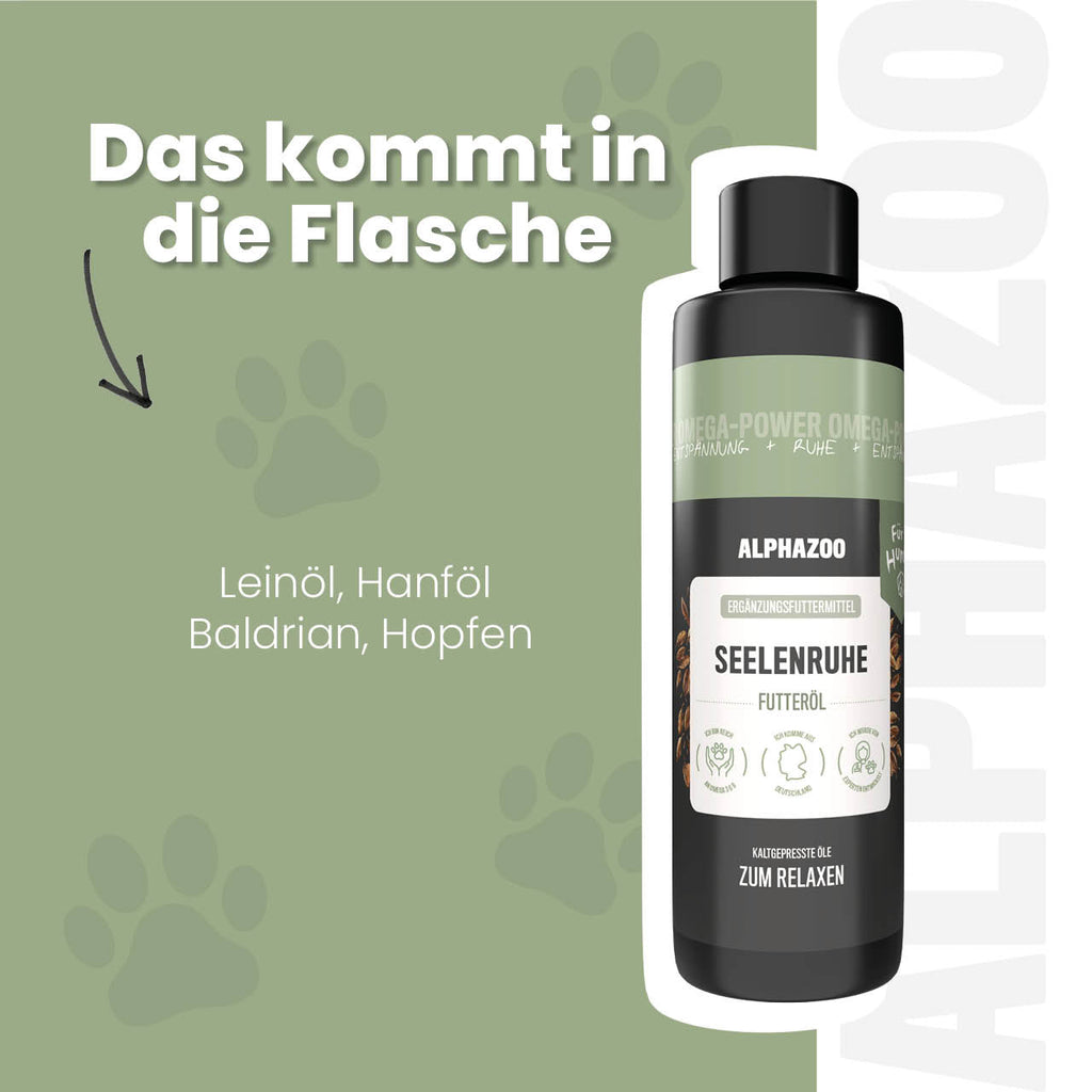 Seelenruhe Futteröl für Hunde – Leinöl mit Baldrian & Hopfen kaltgepresst