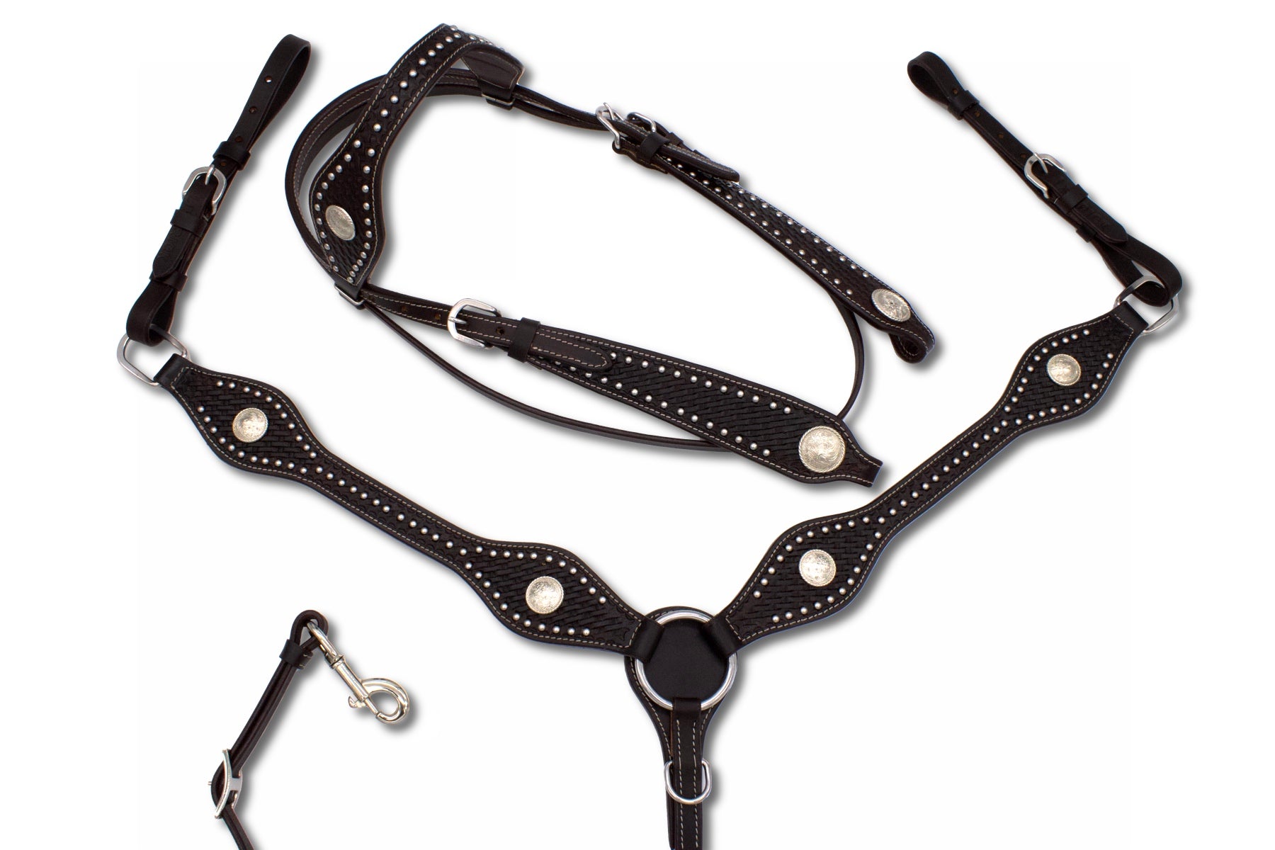 Westerntrense, Set aus Kopfstück und Vorderzeug mit silbernen Conchos und Nieten, dunkelbraun