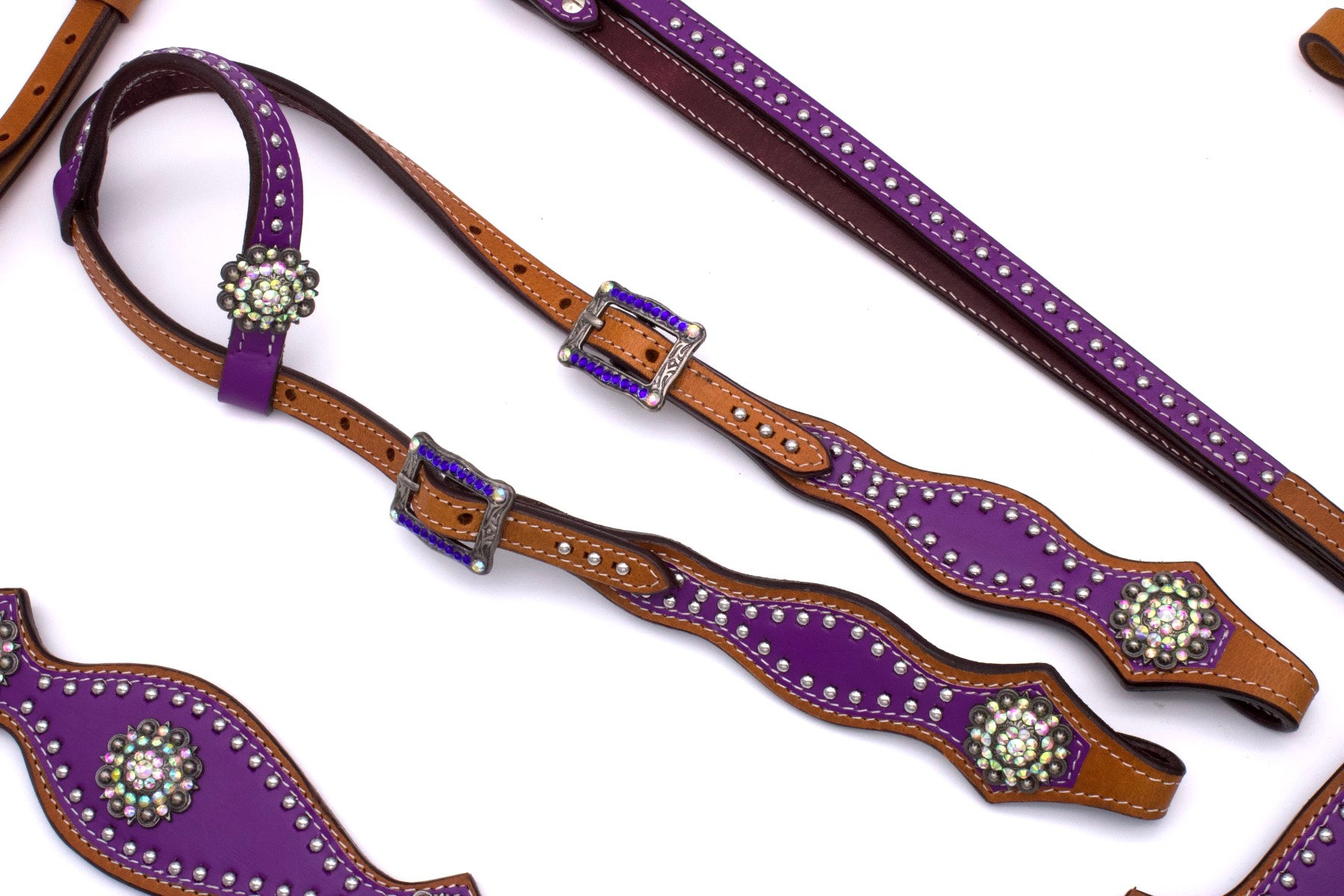 Einohr Westerntrense lila mit Vorderzeug und klaren Conchos, Set aus Vorderzeug und Westerntrense,