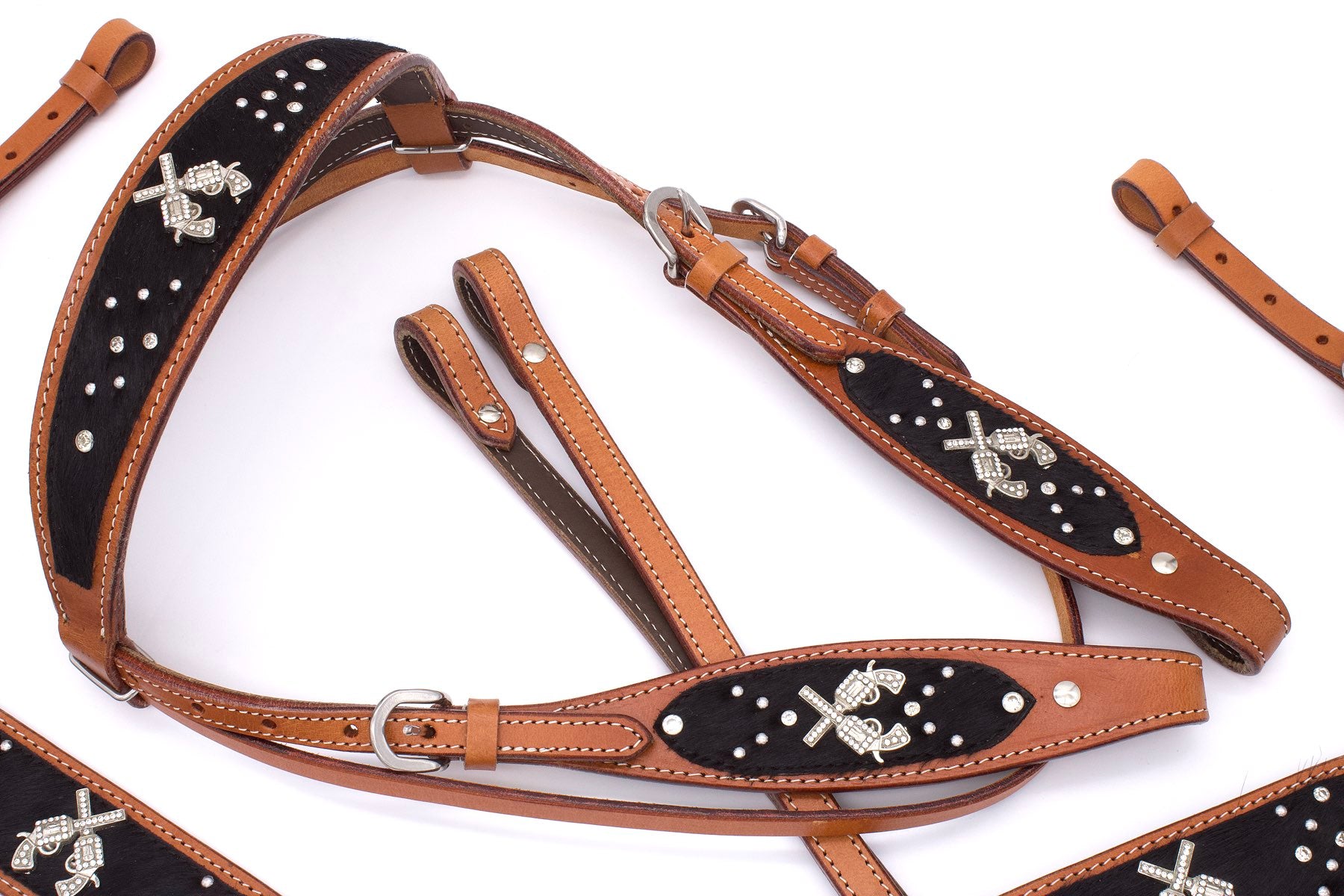 Westerntrense, Set aus Westernzaum und Vorderzeug, mit Pistolenconchos, Strass, braun, schwarz,