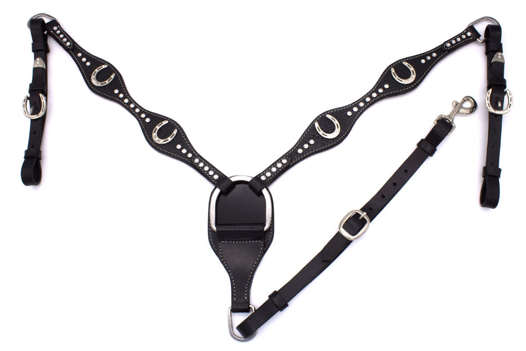 Westerntrense, Set aus Kopfstück und Vorderzeug, Hufeisen, schwarz, mit Strasssteinen, Glitzer,