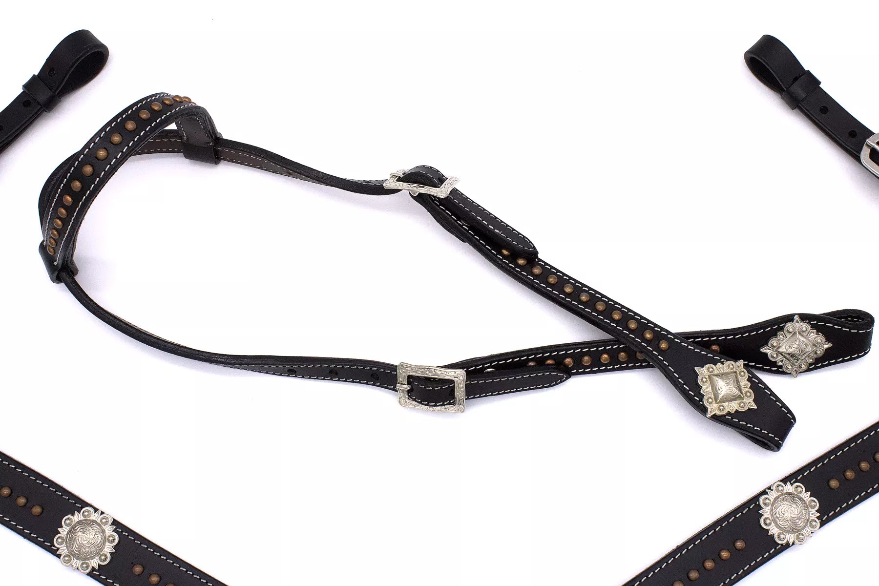 Westernset schwarz mit kupferfarbenen Nieten, silberfarbene Conchos, Einohr,