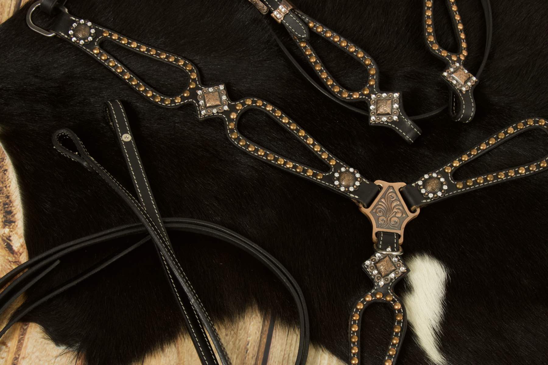 Vintage-Look Westerntrense, Set aus Kopfstück und Vorderzeug, schwarz, mit Strass,